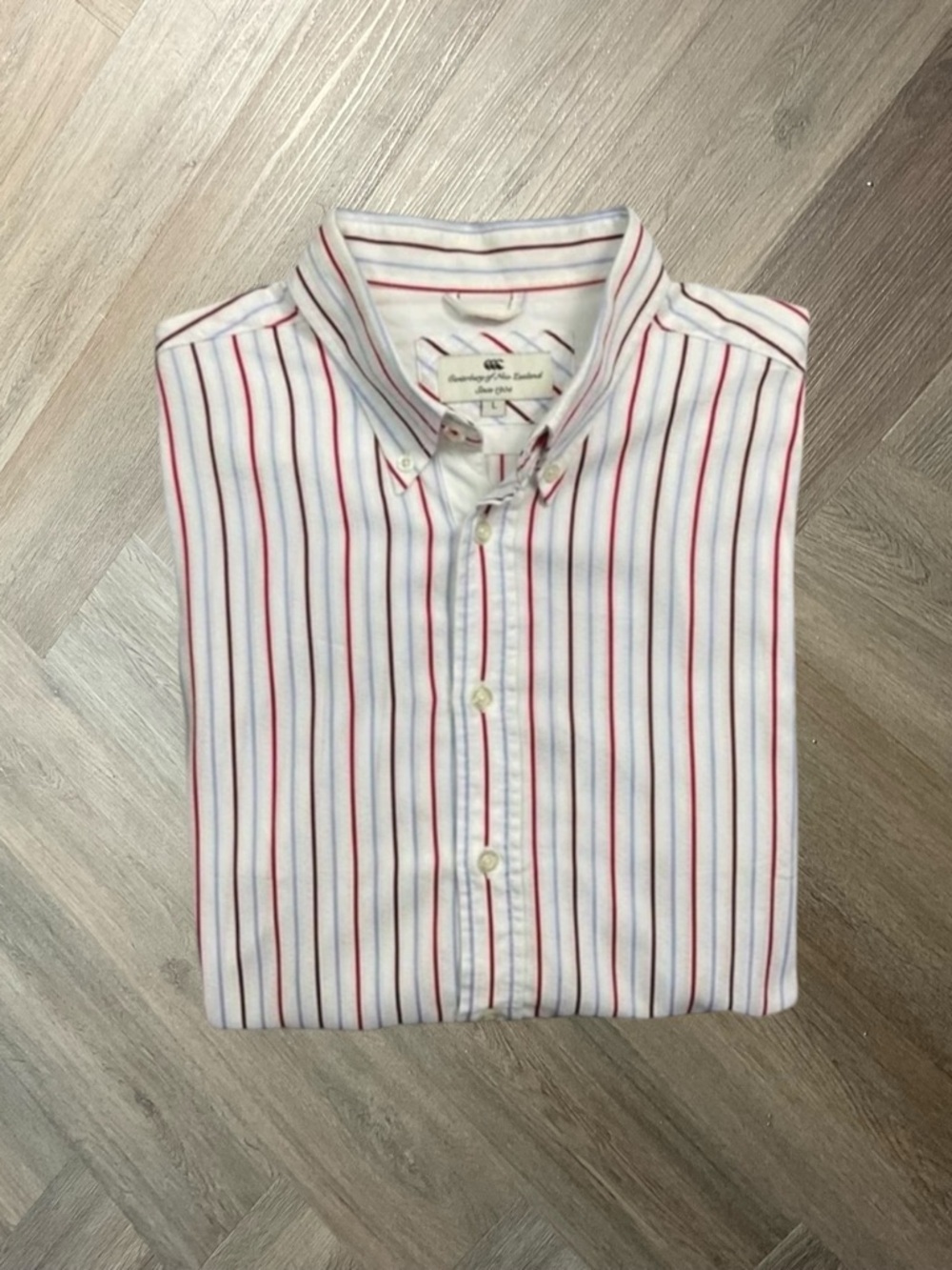 Canterbury Of New Zealand Shirt Mens Large White Red Blue Stripe Long Sleeve VTG